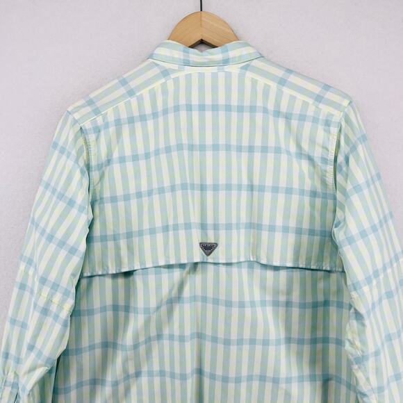 COLUMBIA Top Womens M PFG SUPER BAHAMA Plaid Roll Tab Fishing Button Down White - Picture 7 of 16